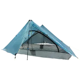 Side view of a Zpacks Duplex DCF tent showing the high bathtub and huge doors