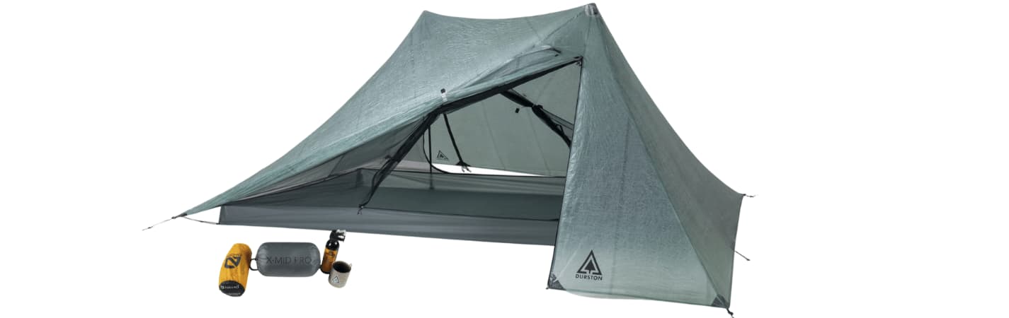 Dan Durston X-Mid Pro 2 Open Side view with a packed version size comparison next to it with a sleeping pad