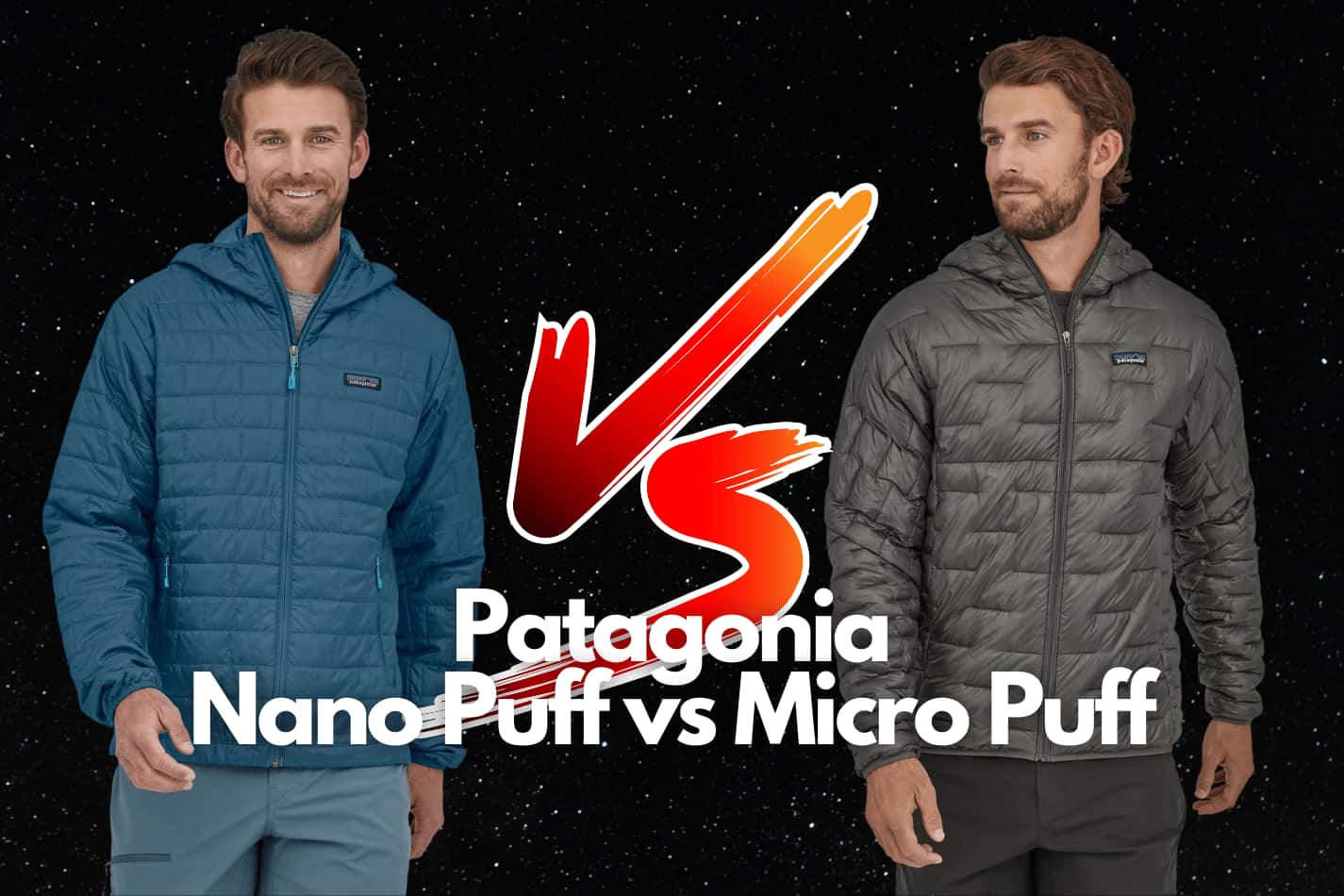 two people one in a nano puffy and one in a micro puffy jacket with a versus sign between them