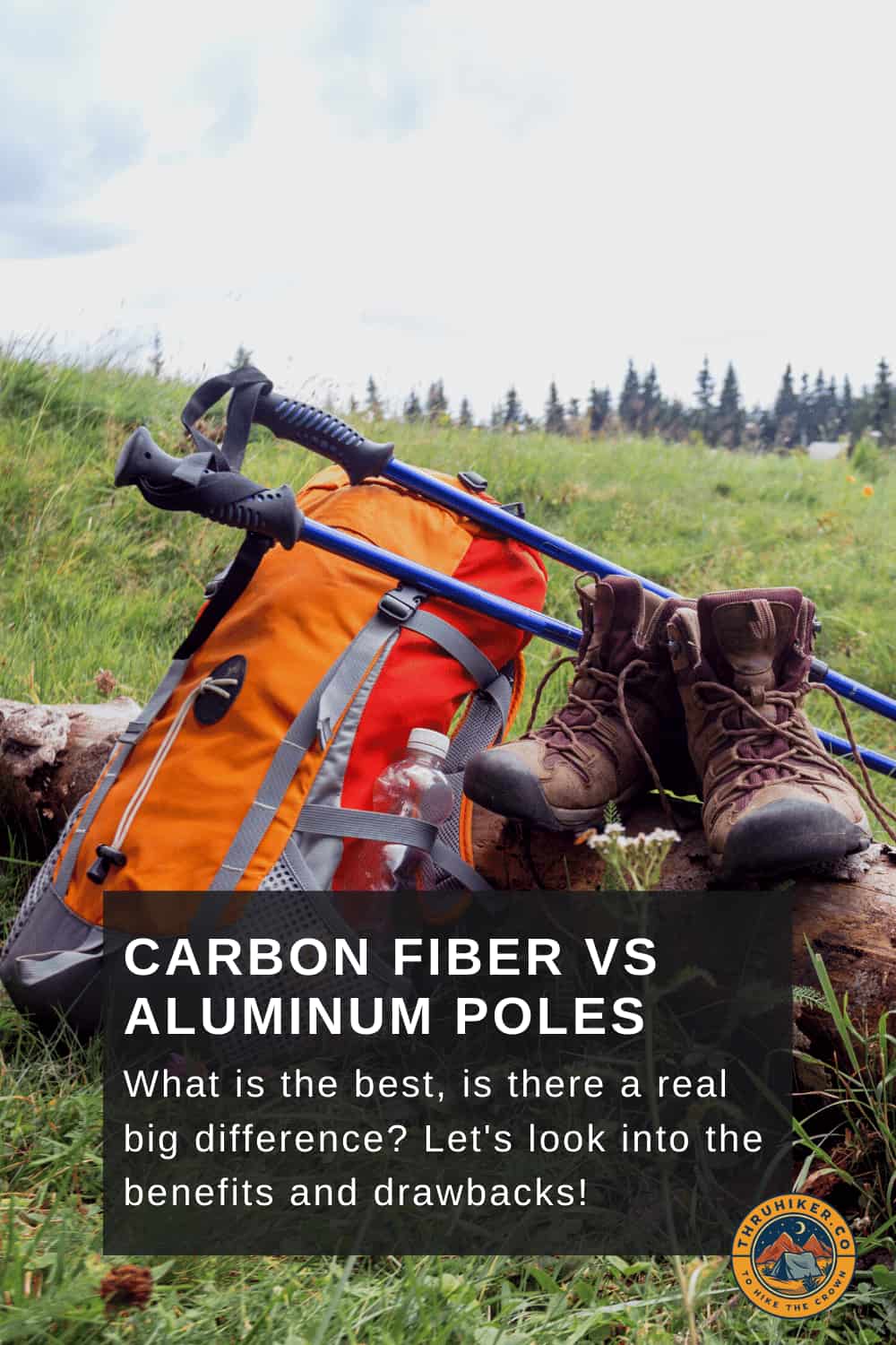Carbon Fiber Trekking poles resting on a backpack as the hiker has a chance to break for pinterest