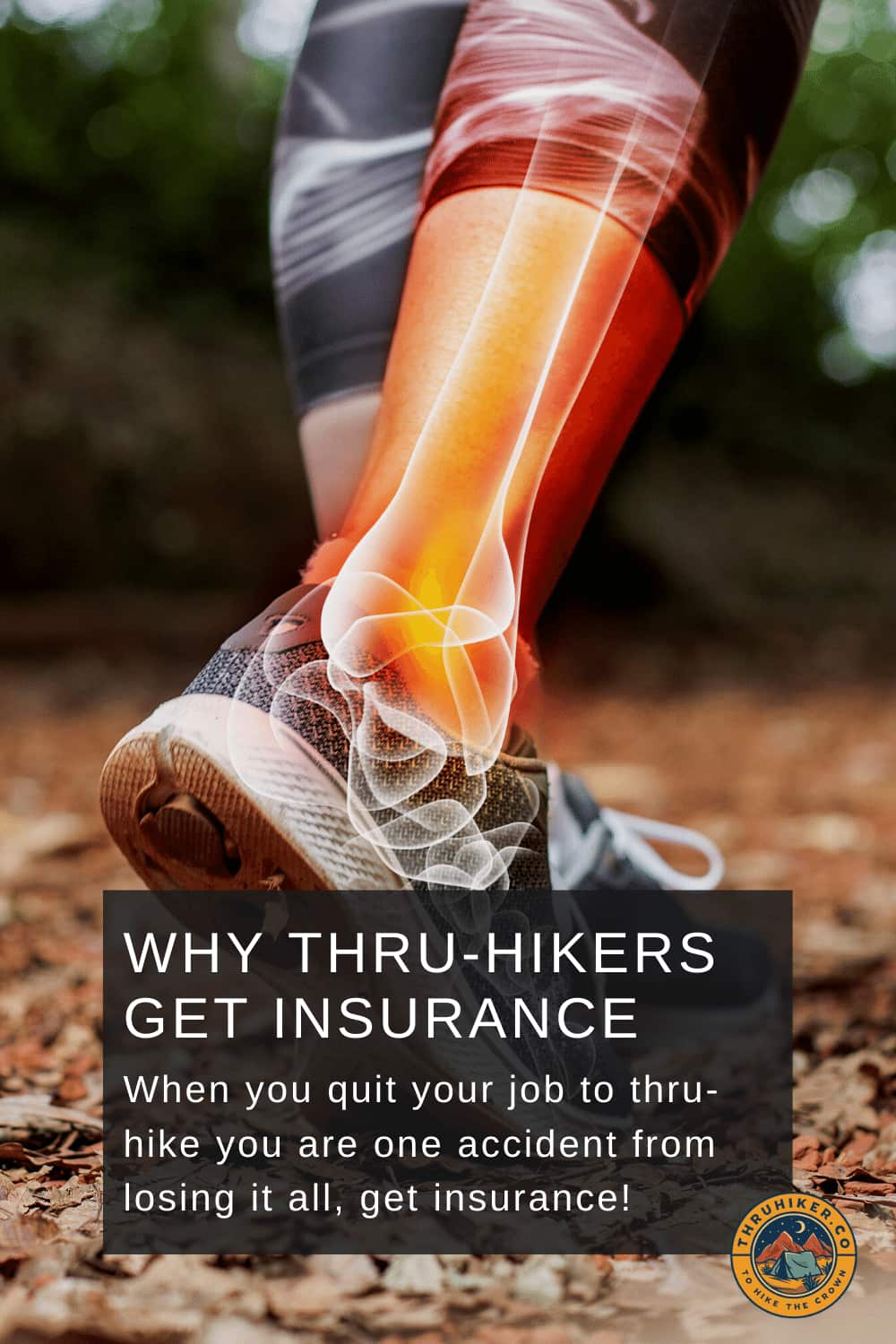 person on a hiking path with a superimposed leg injury highlighting dangers every thru-hiker worries about for Pinterest