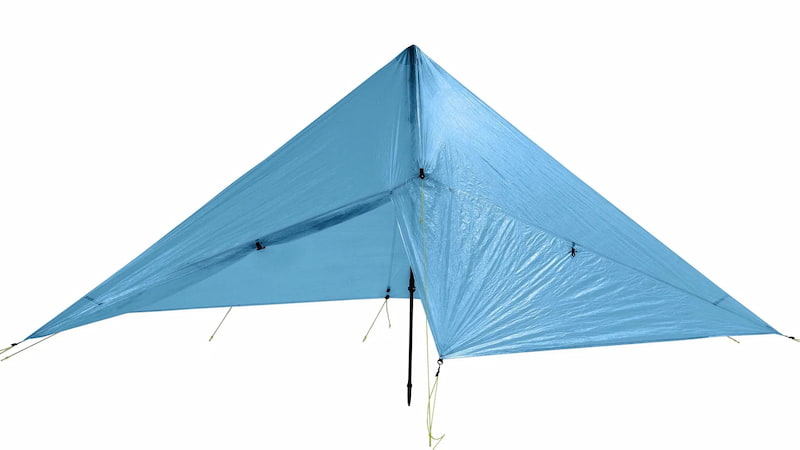 Azure blue Zpacks Hexamid pocket tarp with doors against a white background