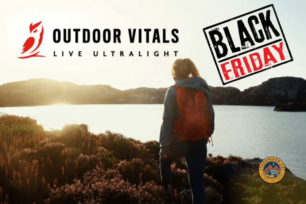 Outdoor Vitals Black Friday Deals and woman hiking the shoreline