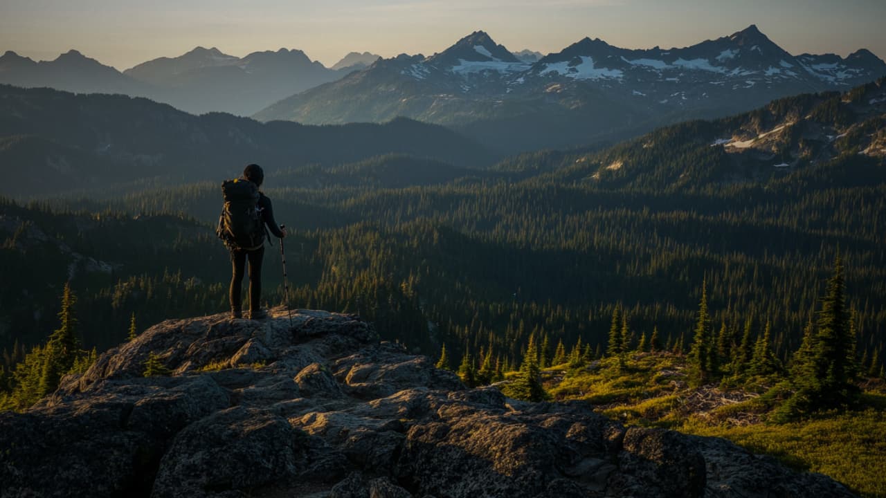 Backpacker staring out at the mountains