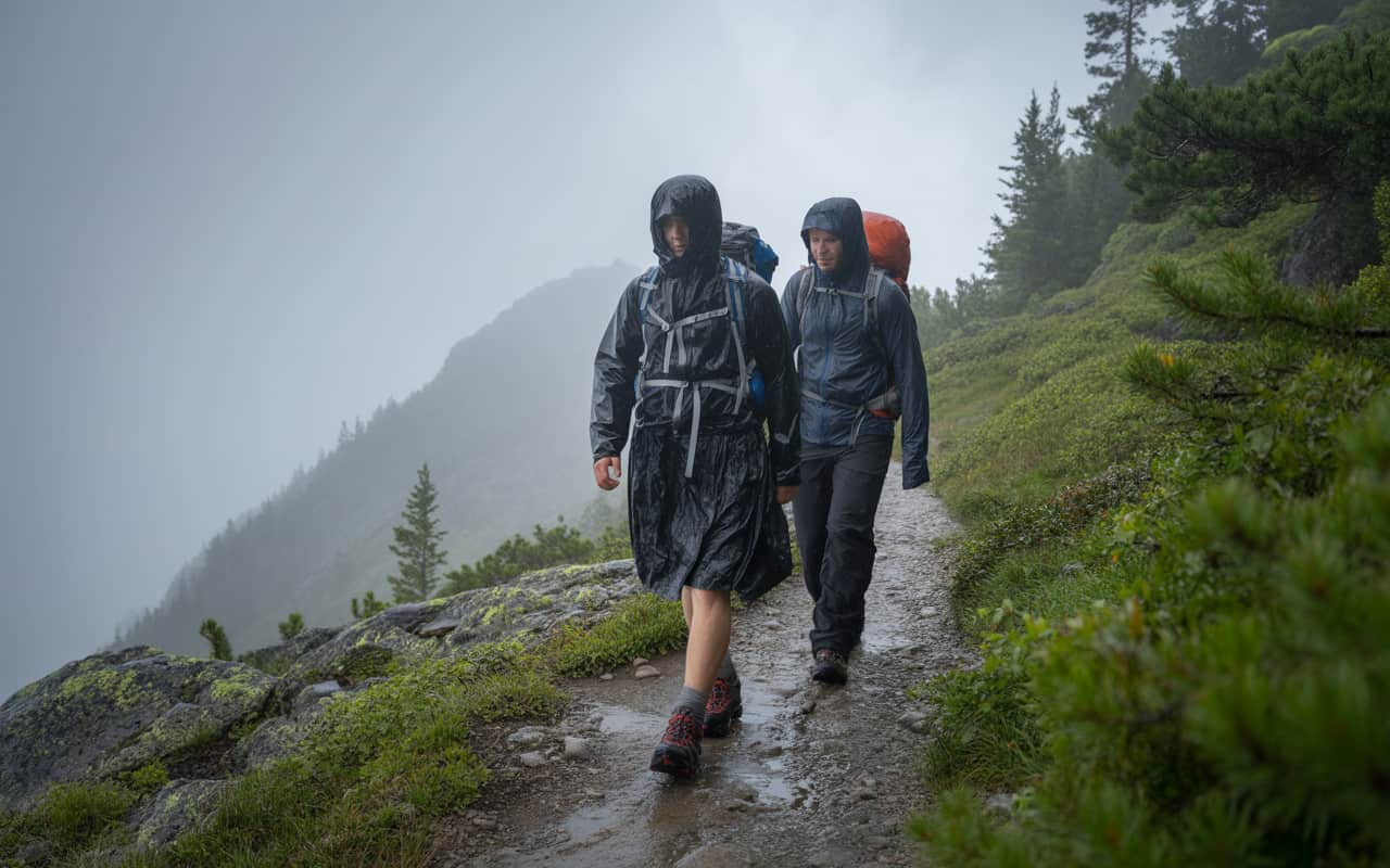 two hikers on the papth on in a Rain Kilt and one in Rain Pants