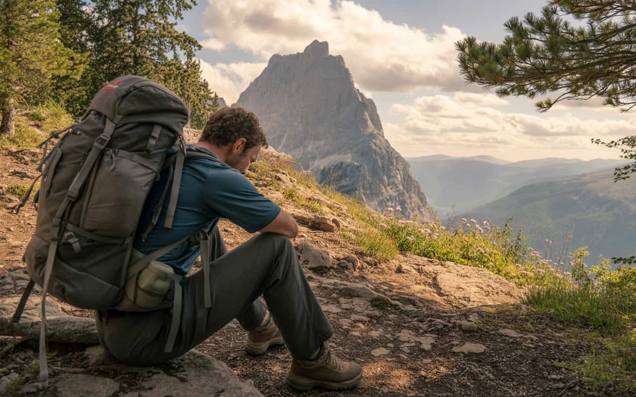 Man relaxing and contemplating life on the trail with a mountain in back