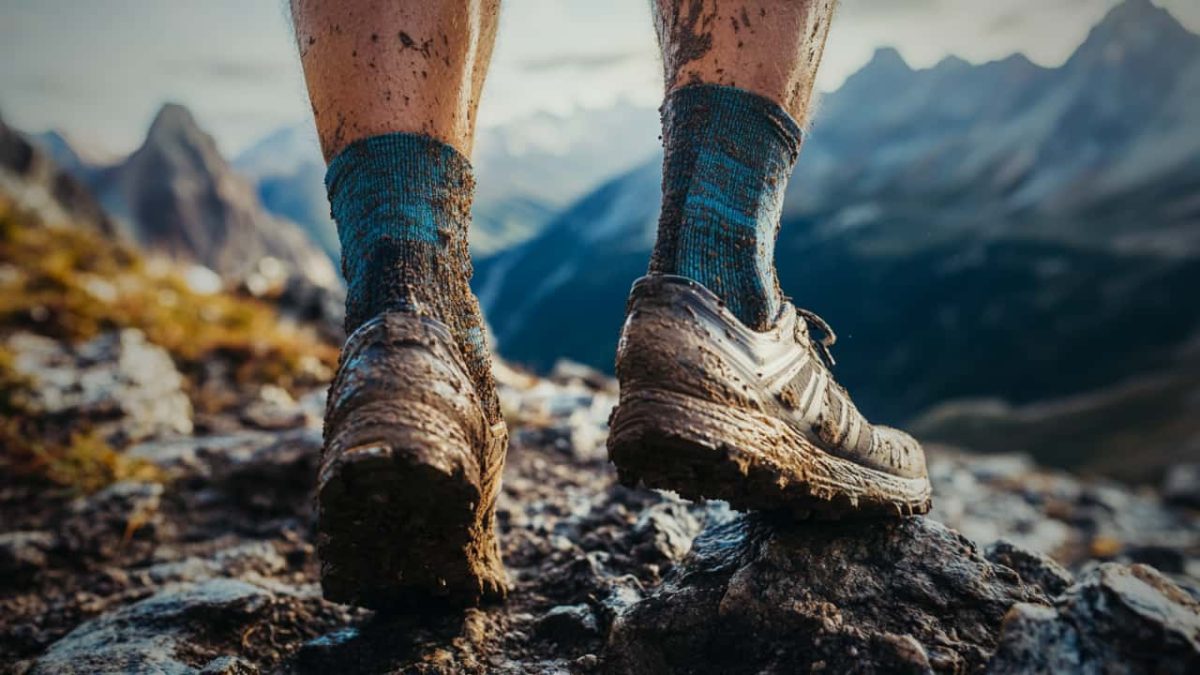 Man in muddy shoes and socks on trail